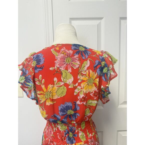 Jessica Simpson Dress Womens Medium Red Floral Ruffle Sleeve Smocked Waist Midi - Picture 6 of 12